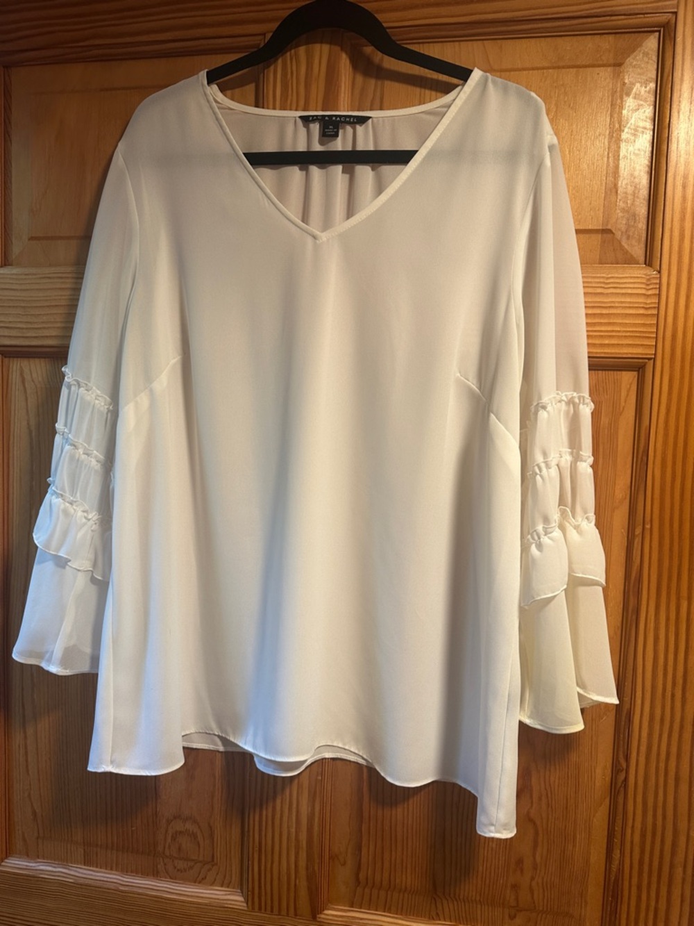 White V-Neck Ruffle Sleeve Blouse XL